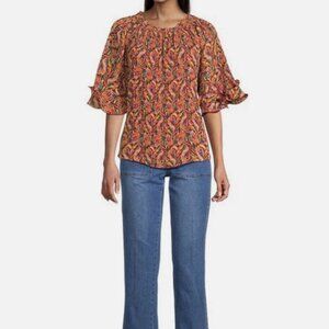 Multiples XL Top NWT $74 Pleated MulticolorShirt Blouse 3/4 Slvs Bright Tropical